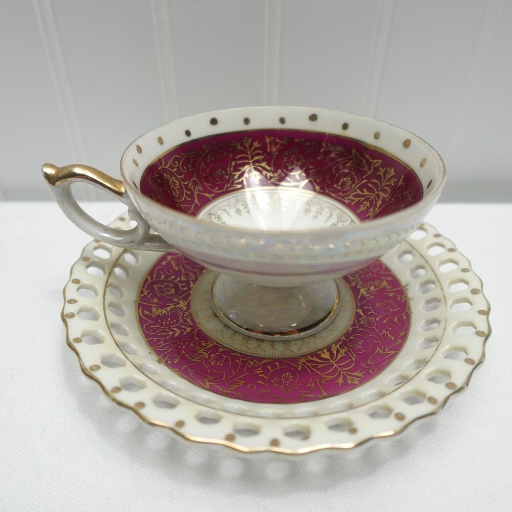 Vintage Rossetti Burgundy and White Reticulated Teacup & Saucer Set Japan